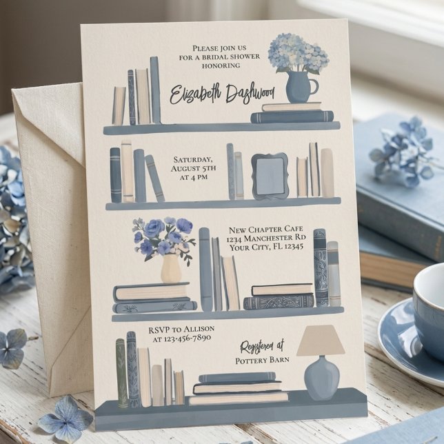 Whimsical blå bibliotek bokhylla bröllopsdusch inbjudningar (Skapare uppladdad)