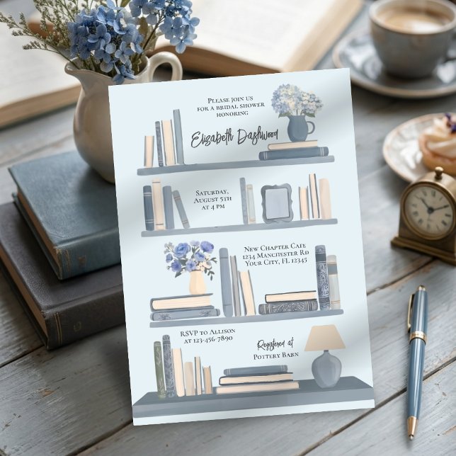 Whimsical blå bibliotek bokhylla bröllopsdusch inbjudningar (Skapare uppladdad)