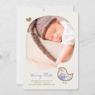 Whimsical Blå Damask Chick Baby Pojke Foto Födelse Meddelande