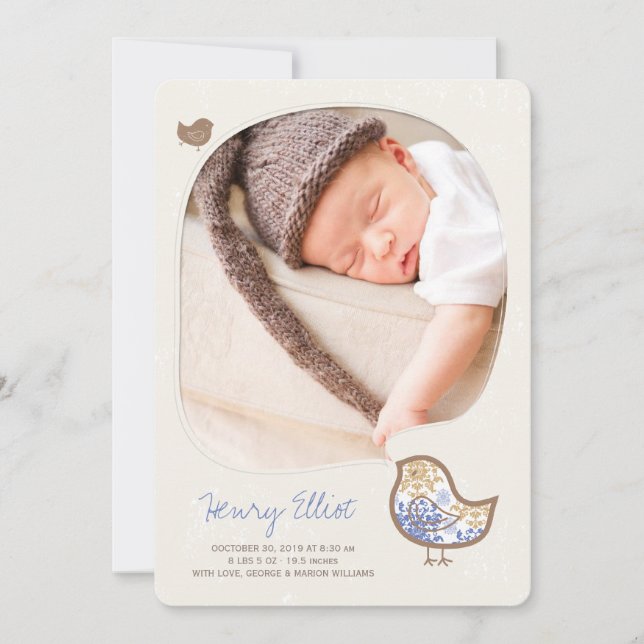 Whimsical Blå Damask Chick Baby Pojke Foto Födelse Meddelande (Framsida)