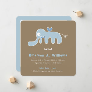 Whimsical Blå Elefant Älskling Baby Pojke Foto Föd Meddelande