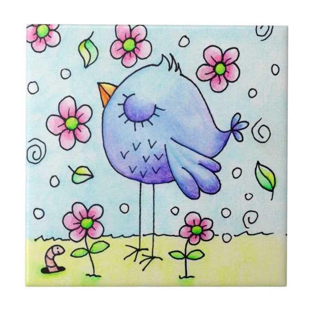 Whimsical blå fågel och blommor kakelplatta (Framsidan)