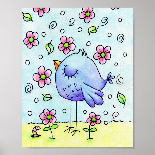 Whimsical blå fågel och blommor poster (Framsidan)