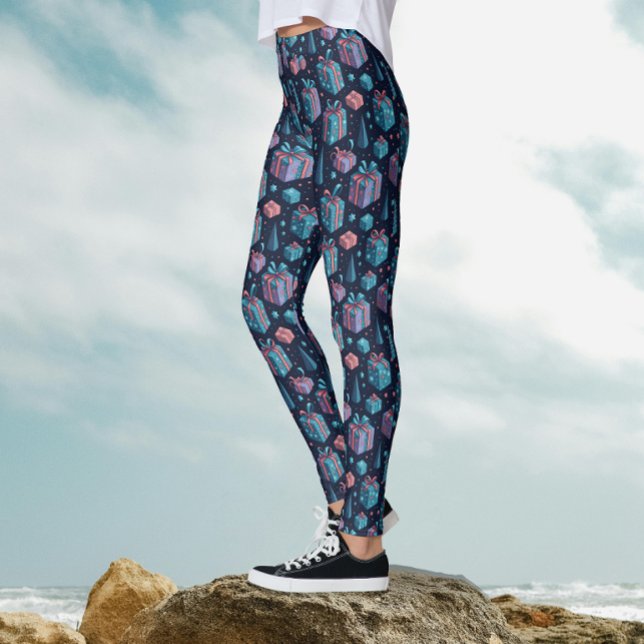 Whimsical Blå Färgglada Julpresenter Julmönster   Leggings (Skapare uppladdad)