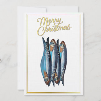 Whimsical blå fisk Merry Christmas-kort med guld Julkort