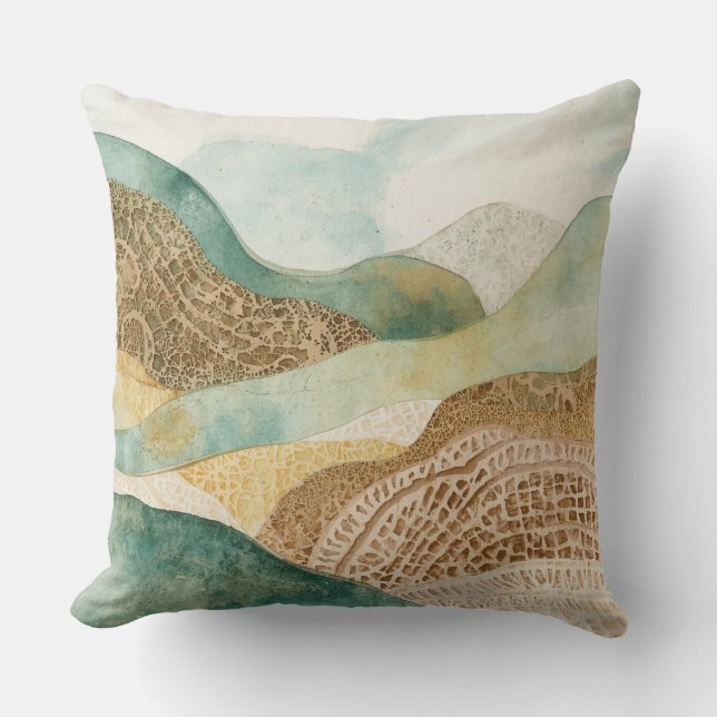 Whimsical Blå Grön Brun Abstrakt Berg Kudde (Framsida)