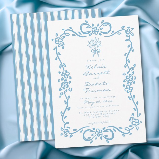 Whimsical Blå Handritad Blommig Rand Bröllop Inbjudningar (Whimsical Blue Hand Drawn Floral Stripe Wedding Invitation)