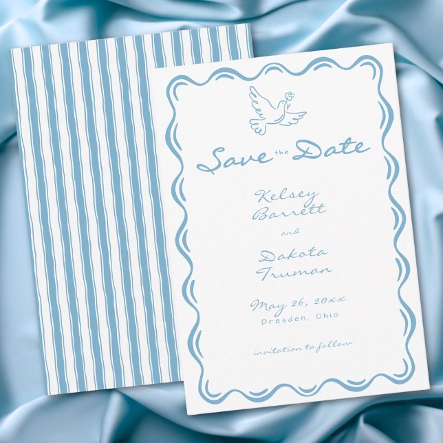 Whimsical Blå Handritad Blommig Rand Bröllop Spara Datumet (Whimsical Blue Hand Drawn Floral Stripe Wedding Save The Date)