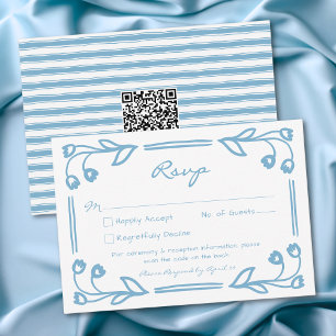 Whimsical Blå Handritad Blommig Rand Bröllops QR OSA Kort