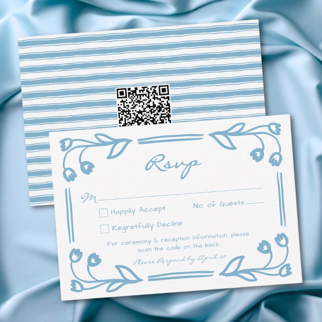 Whimsical Blå Handritad Blommig Rand Bröllops QR OSA Kort (Whimsical Blue Hand Drawn Floral Stripe Wedding QR RSVP Card)