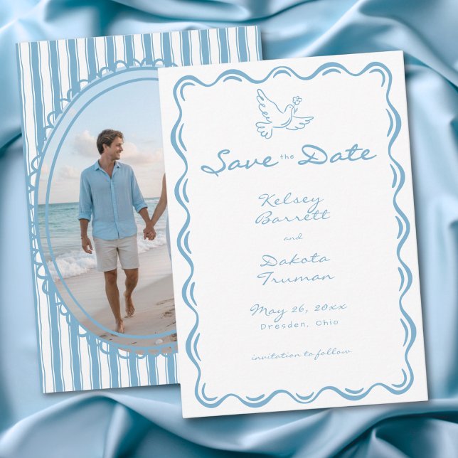 Whimsical blå handritad blommig randfoto spara datumet (Whimsical Blue Hand Drawn Floral Stripe Photo Save The Date)