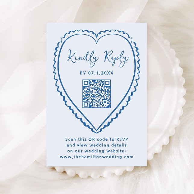 Whimsical Blå Hjärt QR-kod Bröllop OSA Kort (Skapare uppladdad)