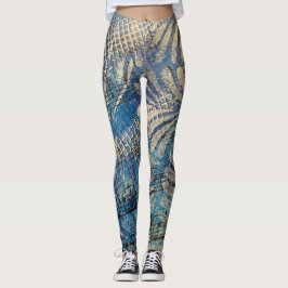 Whimsical blå och vit lagerbemålad notbladsmusik leggings