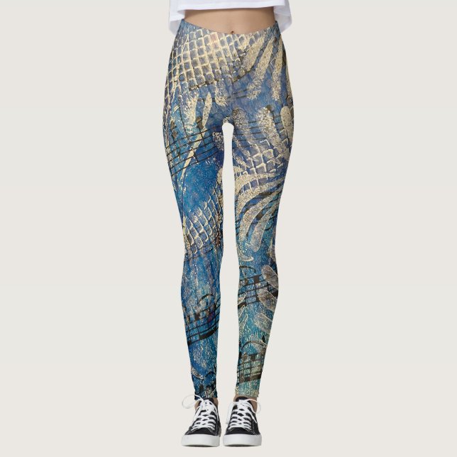 Whimsical blå och vit lagerbemålad notbladsmusik leggings (Framsida)