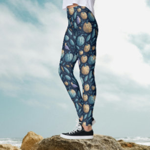 Whimsical blå orange pumpa Halloween-mönster Leggings