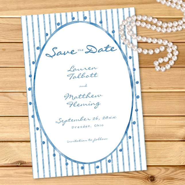 Whimsical Blå Oval Akvarell Rand Bröllop Spara Datumet (Whimsical Blue Oval Watercolor Stripe Save The Date)