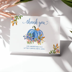 Whimsical Blå Pumpa Höst Floral Baby Shower Tack Kort