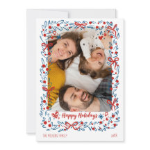 Whimsical blå röd jul fotokort krans