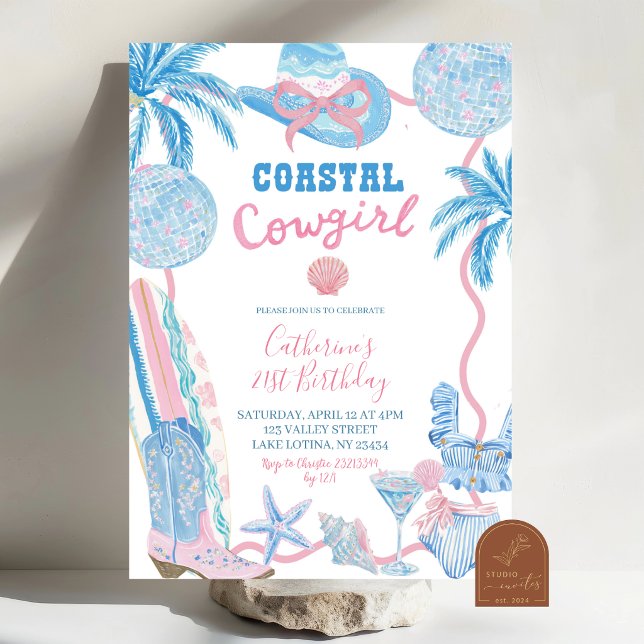 Whimsical Blå Rosa Coastal Cowgirl Födelsedagsinbj Inbjudningar (Skapare uppladdad)
