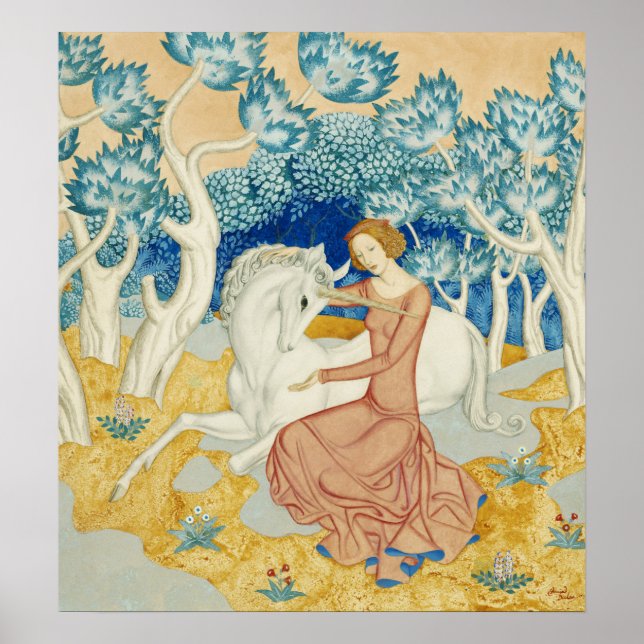 Whimsical Blå Skog Enhörning & Jungfru Konst Poster (Framsidan)