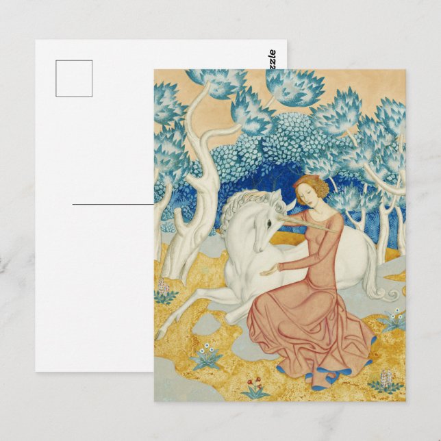 Whimsical Blå Skog Unicorn & Jungfrun Konst Vykort (Fram/baksida)