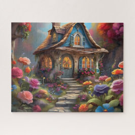 Whimsical Blå Stugga Blomsterträdgård Pussel