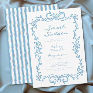 Whimsical Blå Tecknad Blommig Sweet Sixteen Födels Inbjudningar