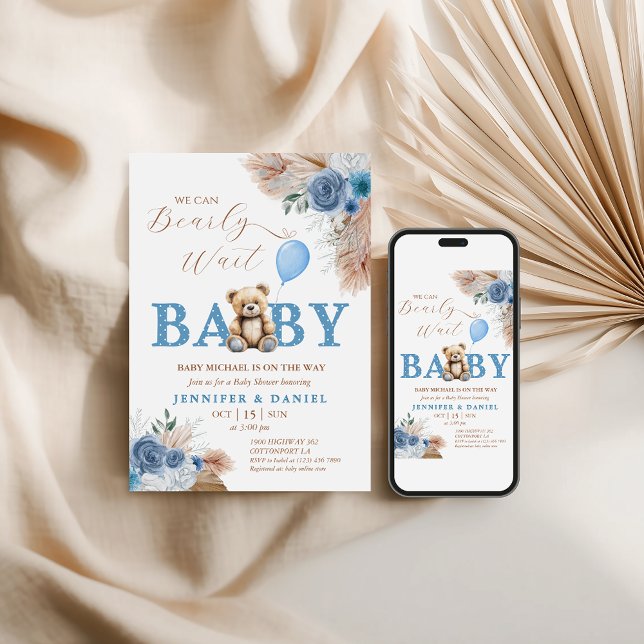 Whimsical Blå Teddybjörn Boho Babyfirande Inbjudningar (Skapare uppladdad)