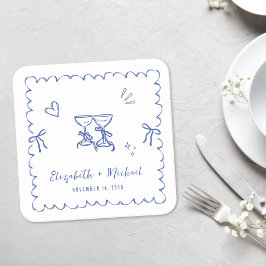 Whimsical Blå Vågig Ram Bröllop Underlägg Papper Kvadrat