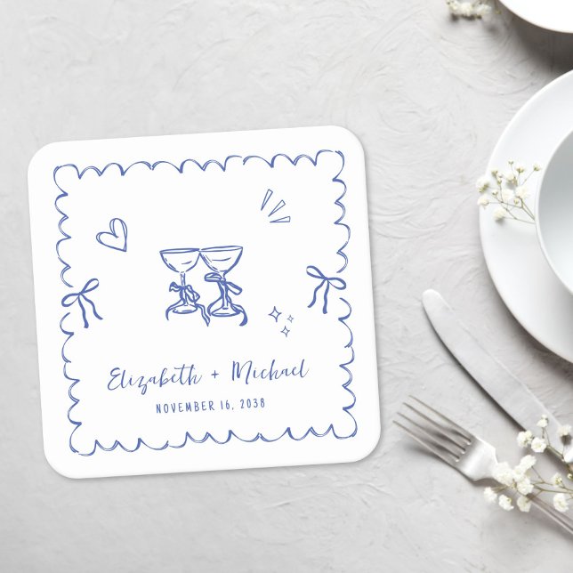 Whimsical Blå Vågig Ram Bröllop Underlägg Papper Kvadrat (Whimsical Blue Wavy Frame Wedding Square Paper Coaster)