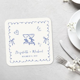 Whimsical blå vågig ram kräm bröllop underlägg papper kvadrat
