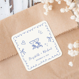 Whimsical blå vågig ram kräm vit wedding fyrkantigt klistermärke