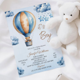Whimsical Blå Varm Luft Ballong Baby Pojke Dopp Inbjudningar