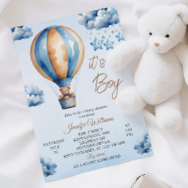 Whimsical Blå Varm Luft Ballong Baby Pojke Dopp Inbjudningar