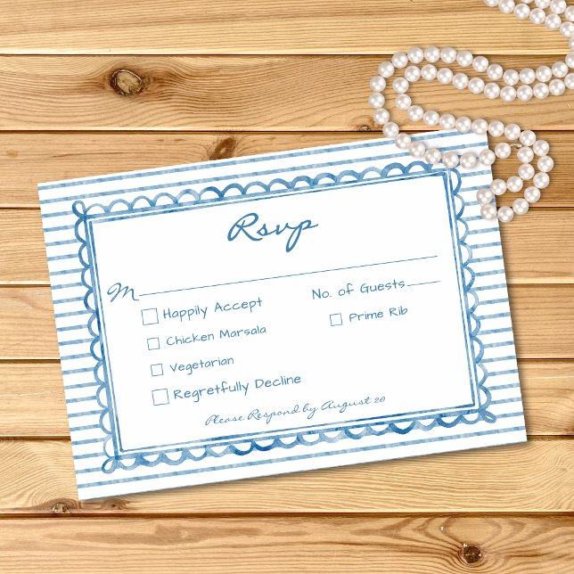 Whimsical Blå Vattenfärg Rand Bröllop OSA Kort (Whimsical Blue Watercolor Stripe Wedding RSVP Card)