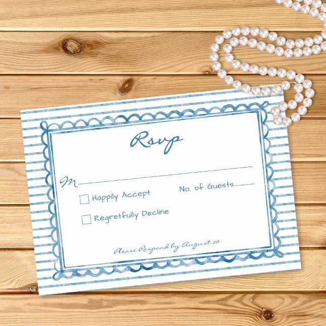 Whimsical Blå Vattenfärg Rand Bröllop OSA Kort (Whimsical Blue Watercolor Stripe Wedding RSVP Card)