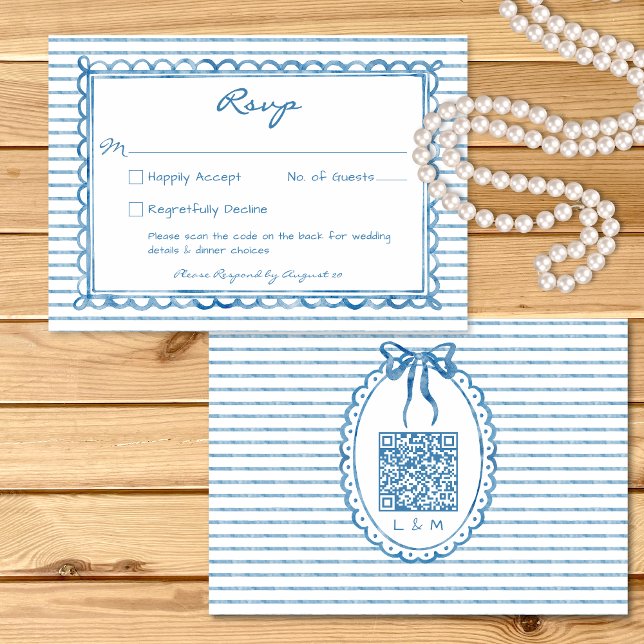 Whimsical Blå Vattenfärg Rand Bröllops QR OSA Kort (Whimsical Blue Watercolor Stripe Wedding QR RSVP Card)