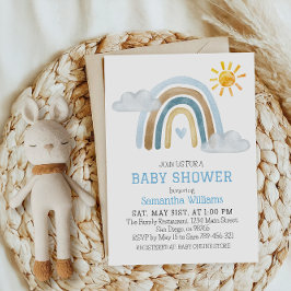 Whimsical Blå Vattenfärg Regnbåge Baby Shower Inbjudningar