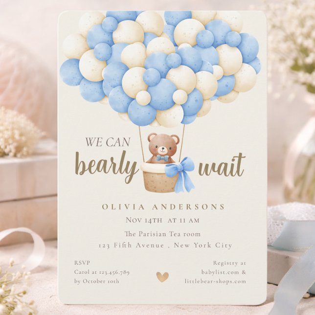Whimsical Blå Vi kan knappt vänta Pojke Babyshower Inbjudningar (Whimsical Blue We can Bearly Wait Boy Baby Shower Invitation)