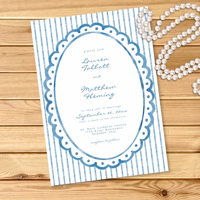 Whimsical Blå Vit Akvarell Rand Bröllop Inbjudningar (Whimsical Blue White Watercolor Stripe Wedding Invitation)