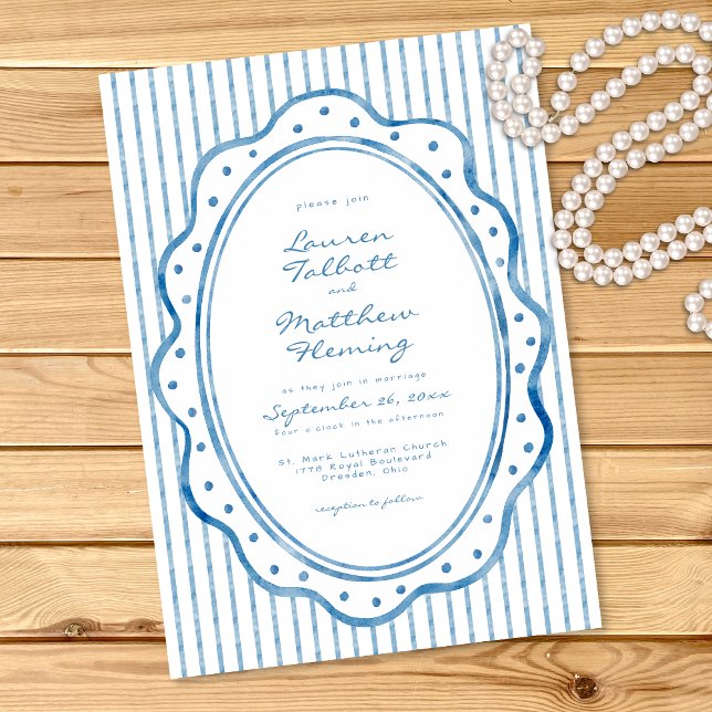 Whimsical Blå Vit Akvarell Rand Bröllop Inbjudningar (Whimsical Blue White Watercolor Stripe Wedding Invitation)