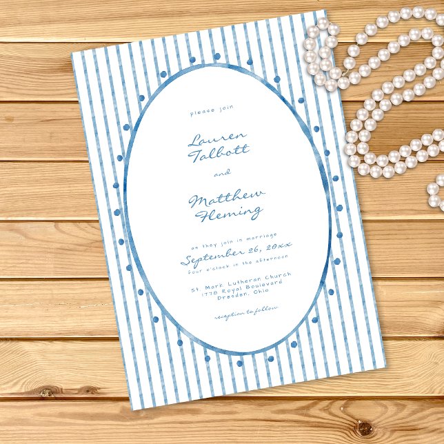 Whimsical Blå Vit Akvarell Rand Bröllop Inbjudningar (Whimsical Blue White Watercolor Stripe Wedding Invitation)