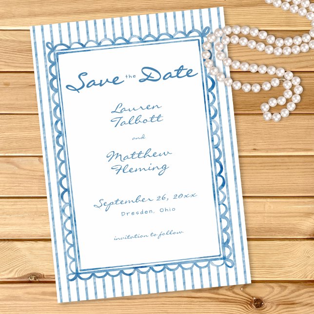 Whimsical Blå Vit Akvarell Rand Bröllop Spara Datumet (Whimsical Blue White Watercolor Stripe Wedding Save The Date)
