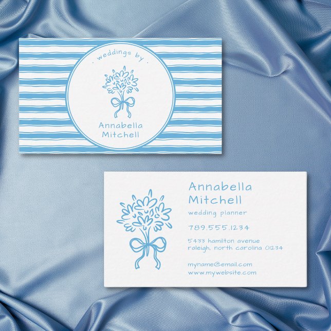 Whimsical Blå Vit Randig Evenemangsplanerare Flori Visitkort (Whimsical Blue White Stripe Event Planner Florist Business Card)