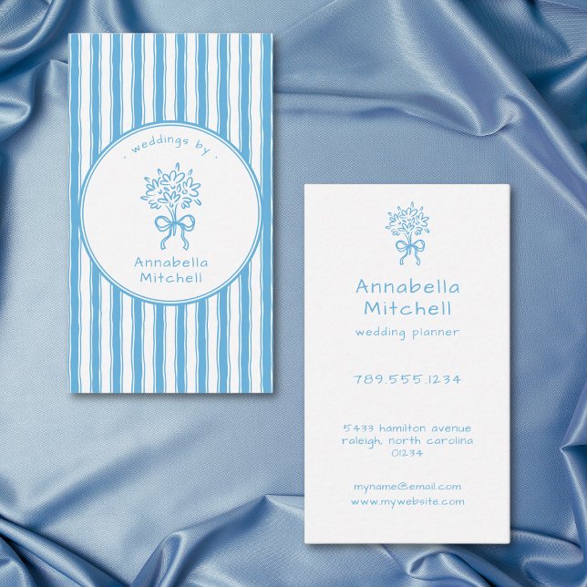 Whimsical Blå Vit Randig Evenemangsplanerare Flori Visitkort (Whimsical Blue White Stripe Event Planner Florist Business Card)