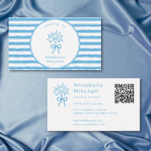 Whimsical Blå Vit Randig Planner Florist QR Visitkort
