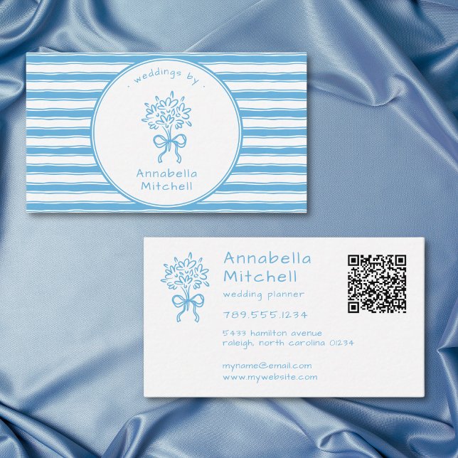 Whimsical Blå Vit Randig Planner Florist QR Visitkort (Whimsical Blue White Stripe Planner Florist QR Business Card)