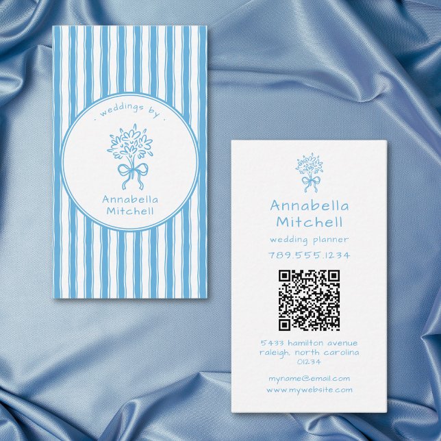 Whimsical Blå Vit Randig Planner Florist QR Visitkort (Whimsical Blue White Stripe Planner Florist QR Business Card)
