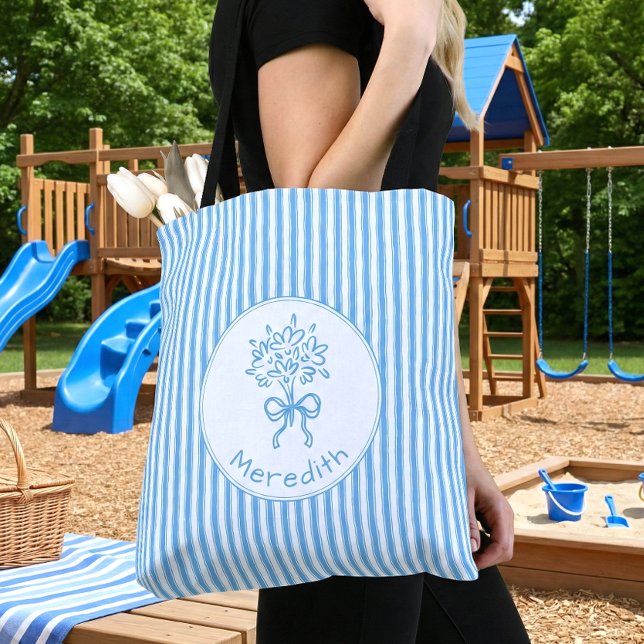 Whimsical blå vit randig preppy monogram tygkasse (Skapare uppladdad)