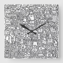 "Whimsical Black and White Doodle Clock Fyrkantig Klocka